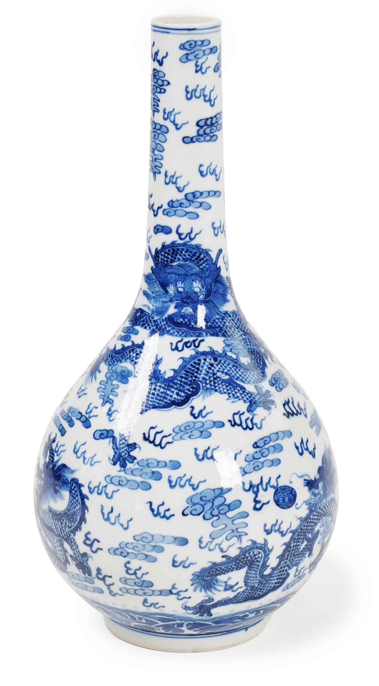 A Chinese blue and white 'dragon' bottle vase, 19th/20th century
